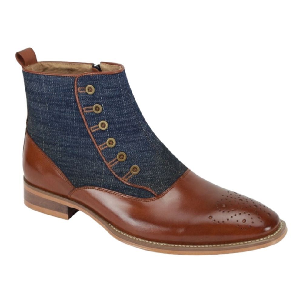 MEN'S GIOVANNI KENDRICK WHISKEY/DENIM LEATHER DRESS BOOT WITH WOOL FELT ACCENTS. - Picture 2 of 2